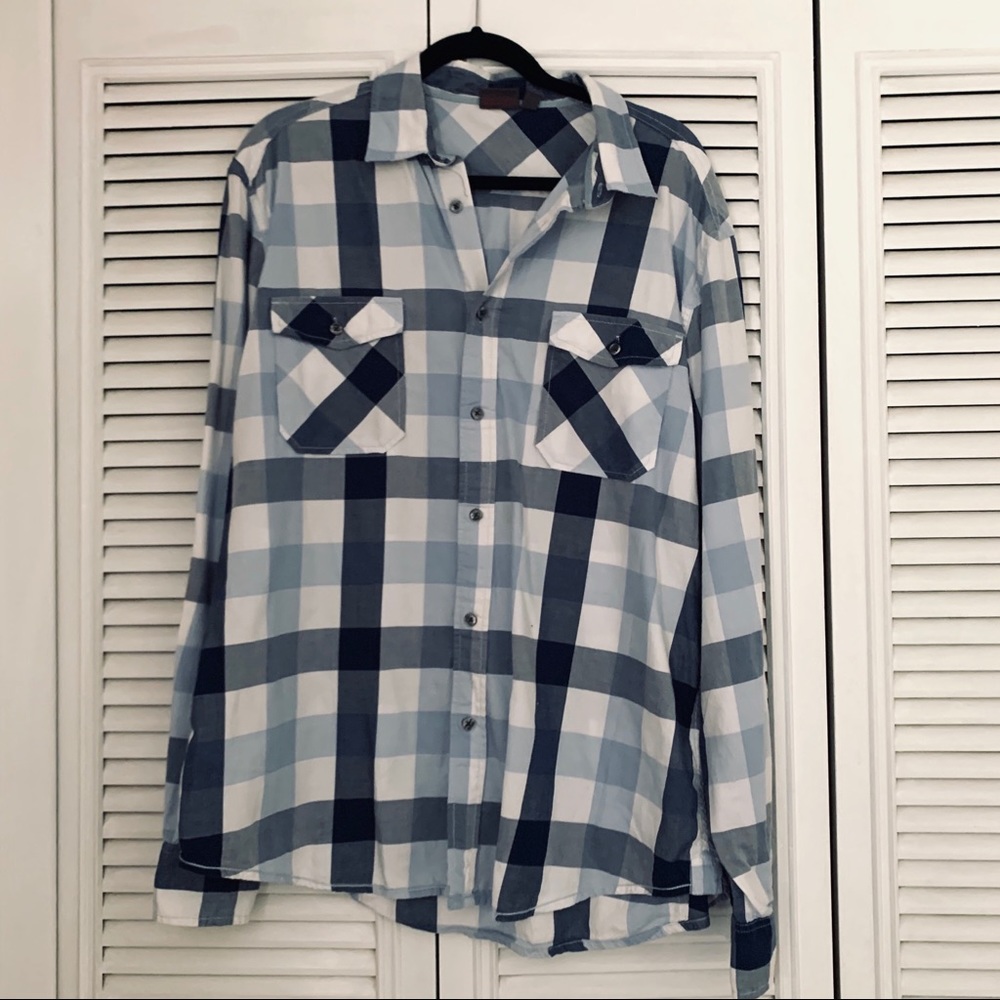 Male Casual Checkered Blue Button Down Shirt XXL